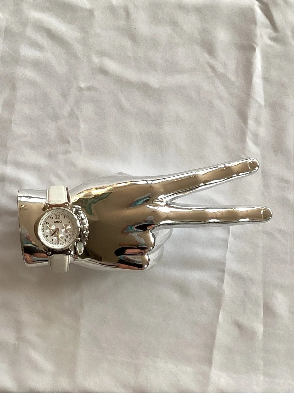 D&G Vintage Chronograph Quartz Watch White Leather Silver Steel New Batteries
